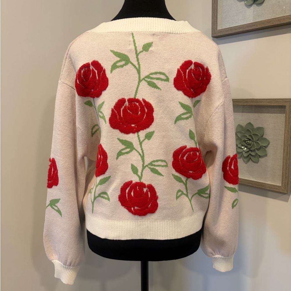 Soho & Stella Pink & Red Rose Embroidered Button Front Cardigan NWT! - Picture 4 of 9